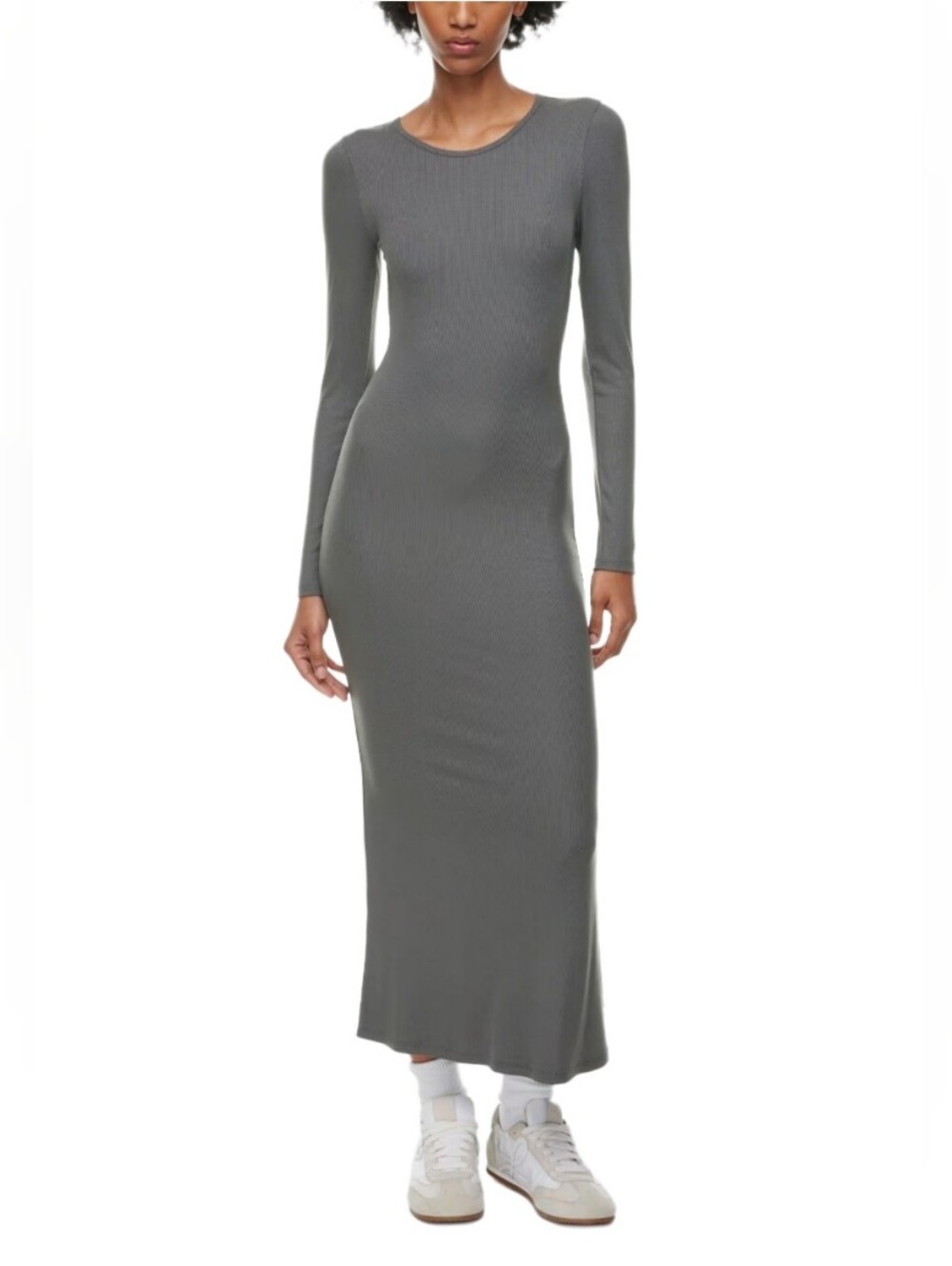 Babaton Luxe Lounge Serenity Long Sleeve Pale Grey Ribbed Knit Maxi Dress Size S